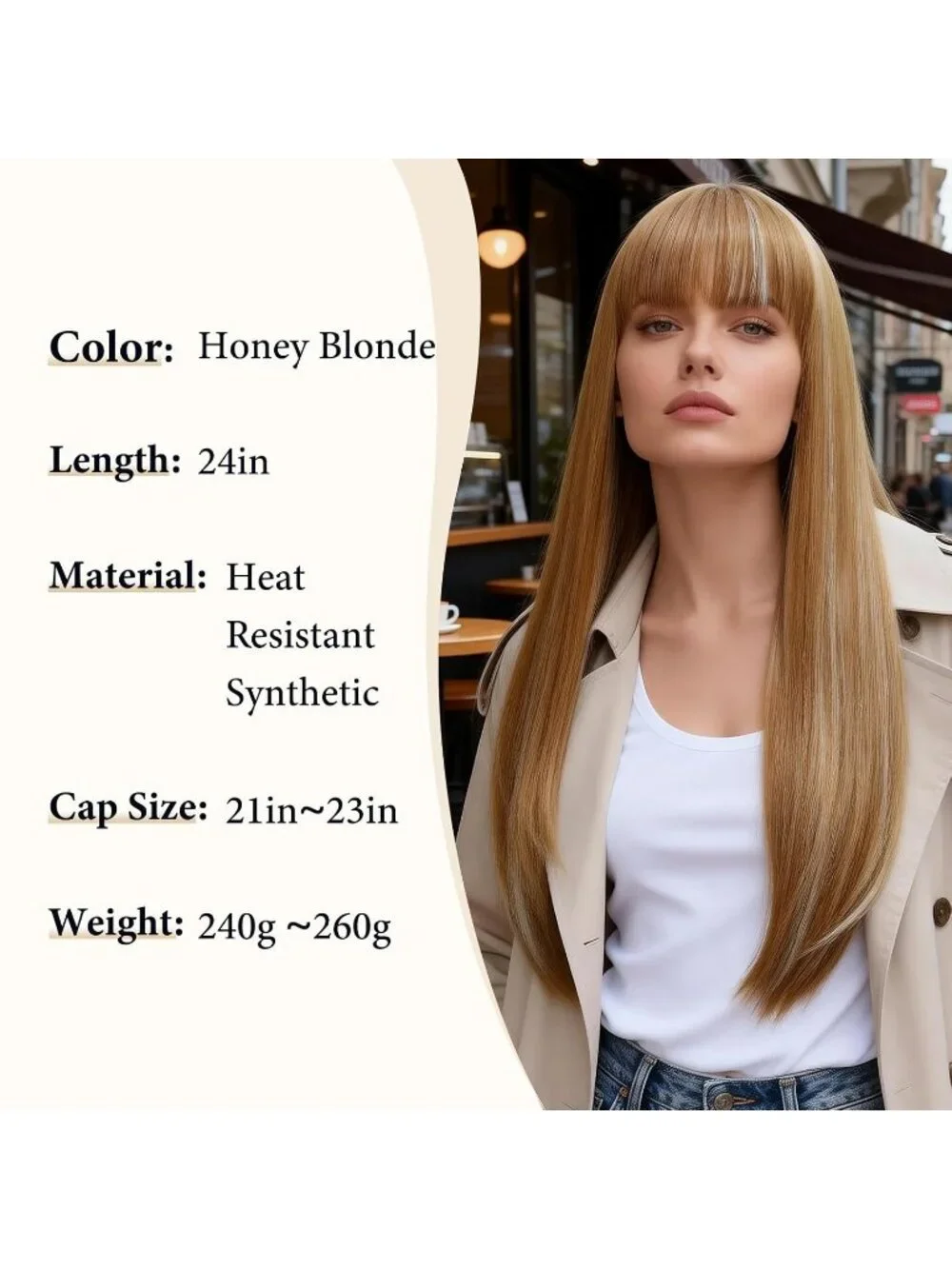Women's Honey Blonde 24 Inch Heat Resistant Synthetic Long Straight Bangs Wig